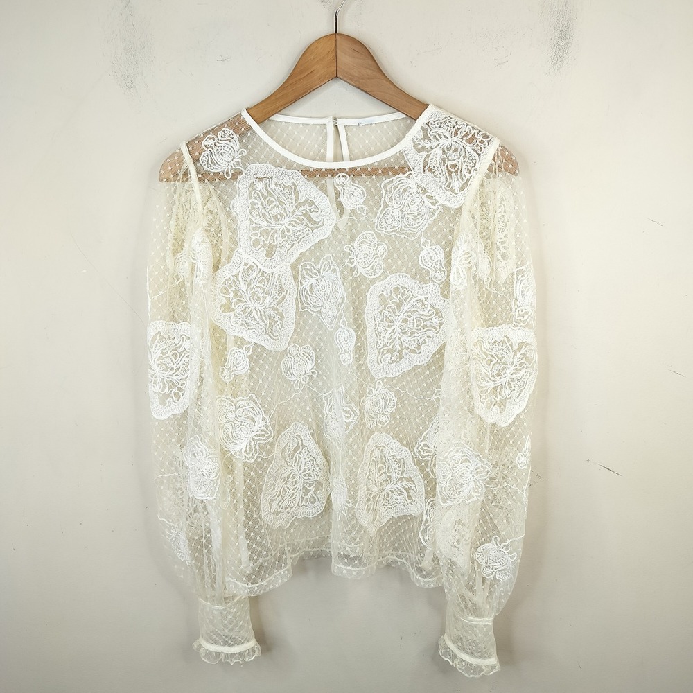 Sheer Lace Blouse Medium Floral Puff Sleeve Victorian Romantic Ivory